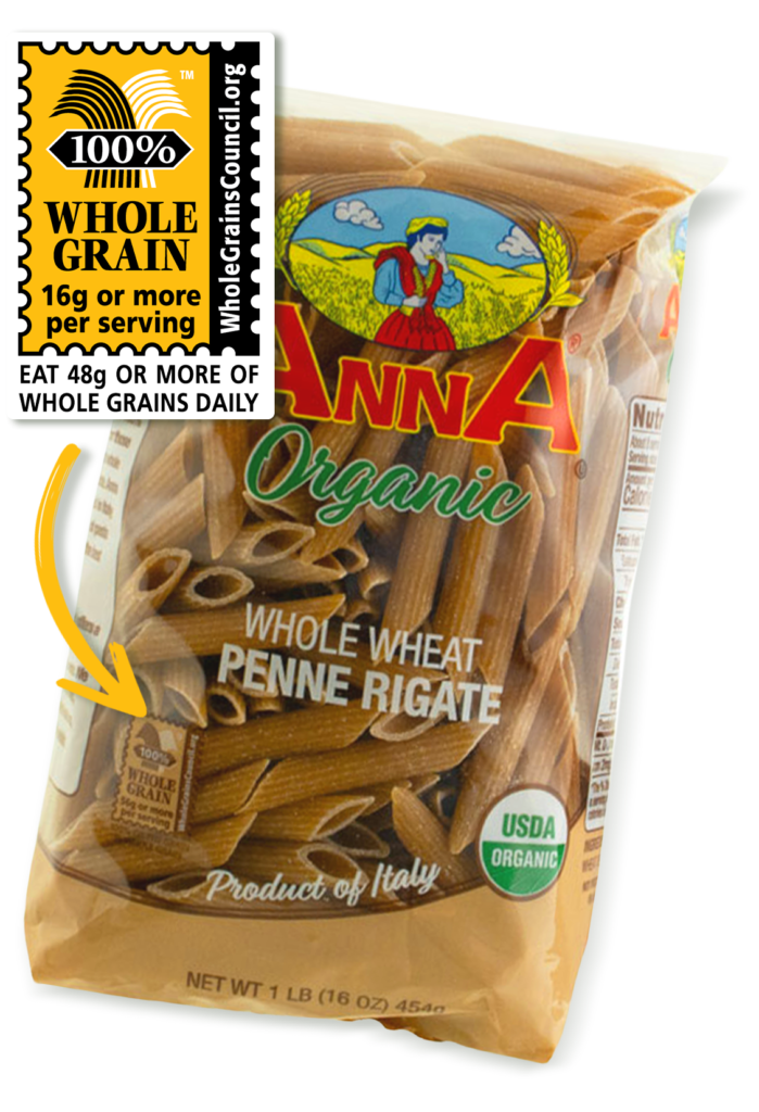 100% Whole Grain Stamp on bag of Anna pasta